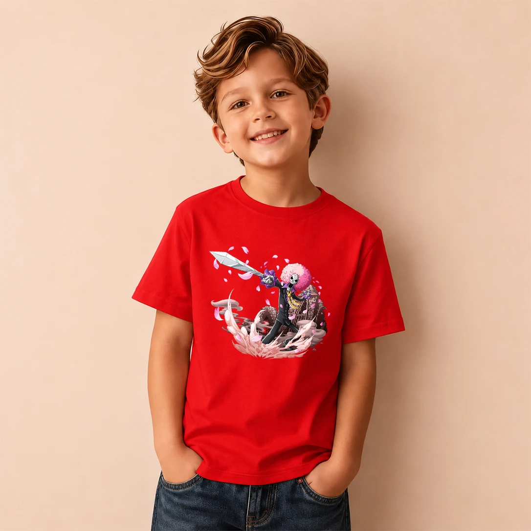 Kids T‑Shirt One Piece Brook Sword Fighting Print Short Sleeve Casual Tops Boys Girls Anime Children Daily Wear Tees