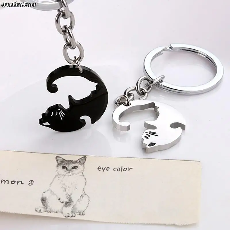 1Pair Cute Black Cat Keychain Patchwork Heart Round Couple Lovers Keyring Stainless Steel Backpack Car Key Ring Hanging Jewelry