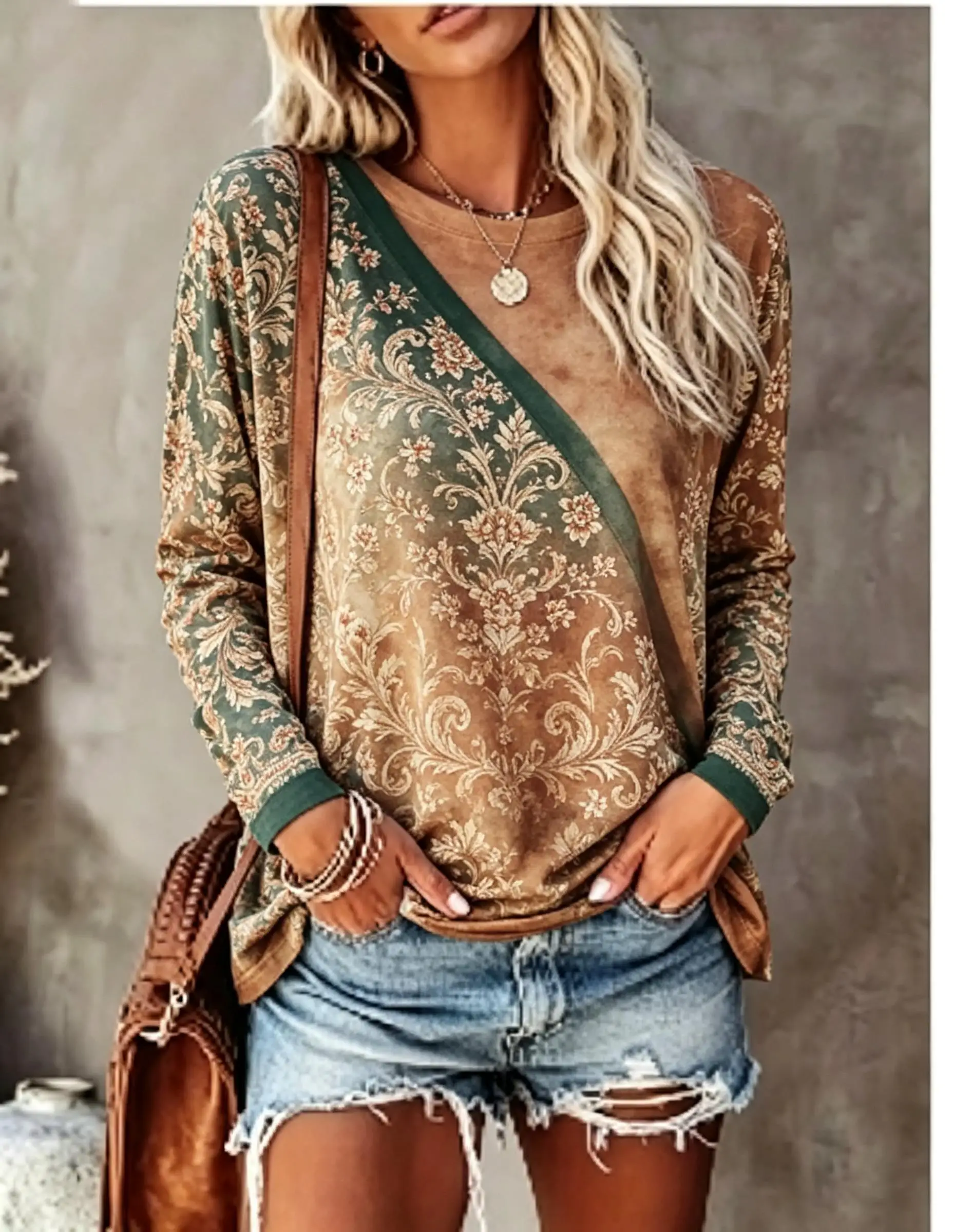Women Long Sleeve T‑Shirt Vintage Washed Baroque Scroll Floral Splicing Boho Print Crew Neck Fall Casual Tops