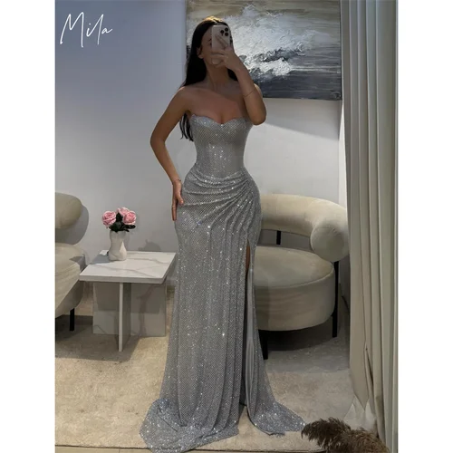 Mila-vestidos de fiesta de sirena sin tirantes, vestidos de noche de lentejuelas sin mangas, vestidos de fiesta personalizados con abertura lateral alta, 2025