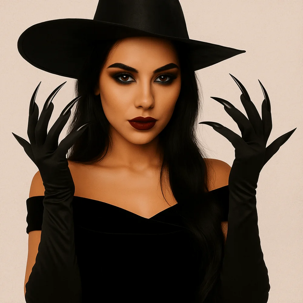 Black Halloween Makeup Black Nail Gloves Full Finger Funny Ghost Cat Demon Paw Gloves Elastic Women Long Mittens Cosplay