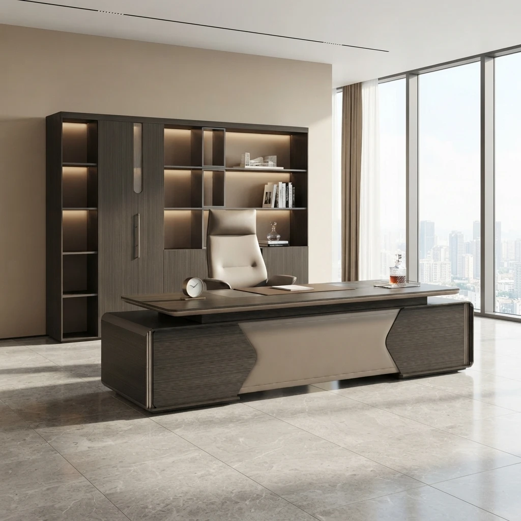 Modern Executive Ladder Desk With Wooden Panel Top Side Cabinet Leather Chair & Bookshelf-Commercial Office Furniture