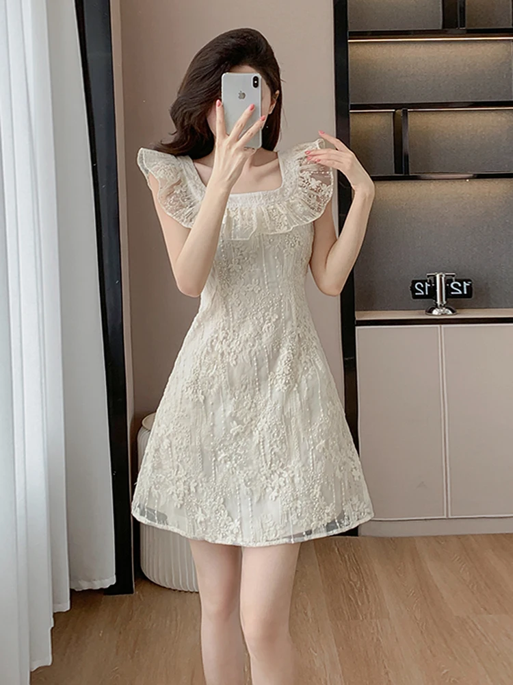 

French Summer Elegant Lace Flower Embroidery Dress New Women Square Collar Ruffles High Waist Slim Waist Long Vestidos