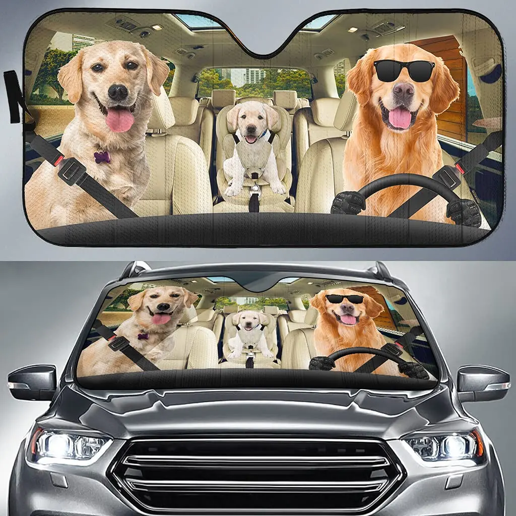 

Golden Retriever Wearing Sunglasses Driving Car Windshield Sunshade, Fun Labrador Retriever Family Foldable Sunshade Protector