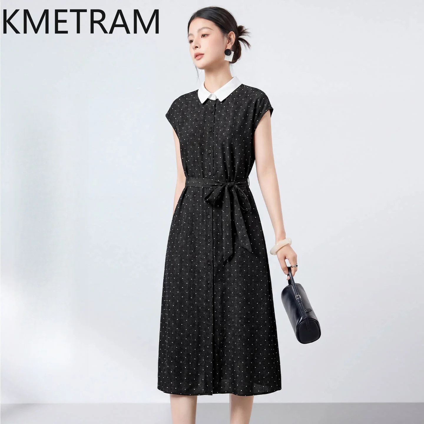 KMETRAM 100% Real Mulberry Silk Dresses for Women Elegant Polka Dot Midi Dress Black Summer Frocks Woman Clothes 2026 ropa mujer