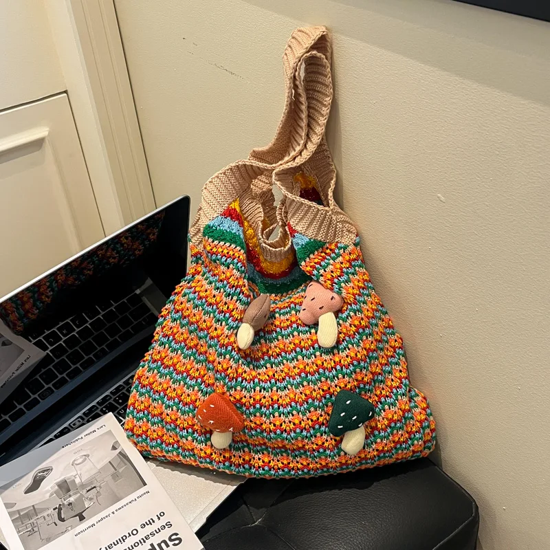 

New Knit Women's Shoulder Bag: Large Capacity Tote with 3D Mushroom Decor, Retro Soft Colorblock, Fashionable for Trendy Girls
