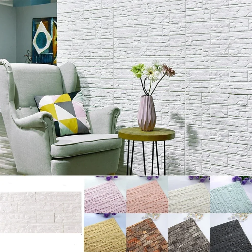 6pcs Foam 3D Wall Panels Sticker Waterproof Wallpaper Home Living Room Decor Bathroom Kitchen Decoration Self Adhesive Wallpaper