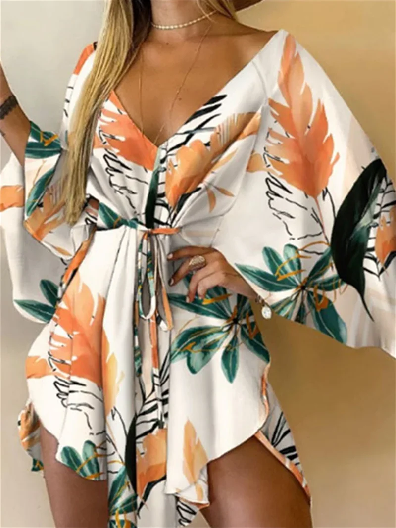 Frauen Print Kleid Sexy V-ausschnitt Fledermaus Ärmel Rüschen Blumen Drucken Böhmischen Strand Sommerkleid Damen Lose Sommer Urlaub Mini Kleider