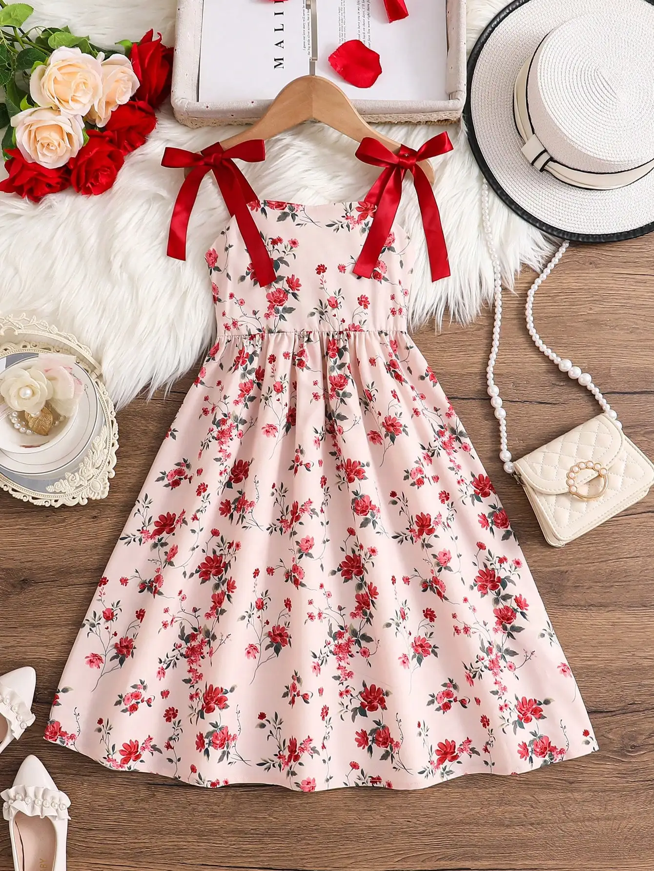 

Цветочное платье на тонких бретелях с рюшами и бантом на плече