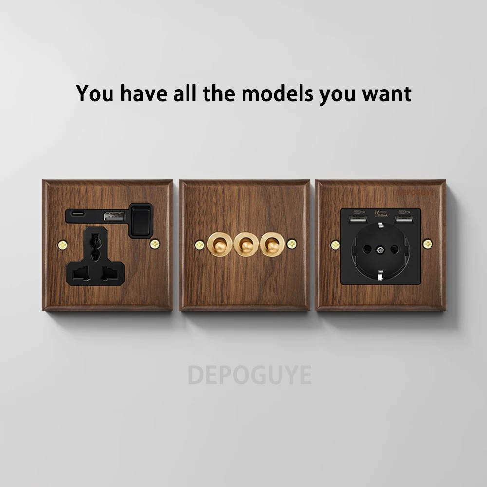 Black Retro Walnut Wall Toggle Switch Panel 1-4Gang 2Way Solid Wood Double EU/FR Socket Universal Usb C Electrical Power Outlet - Image 4