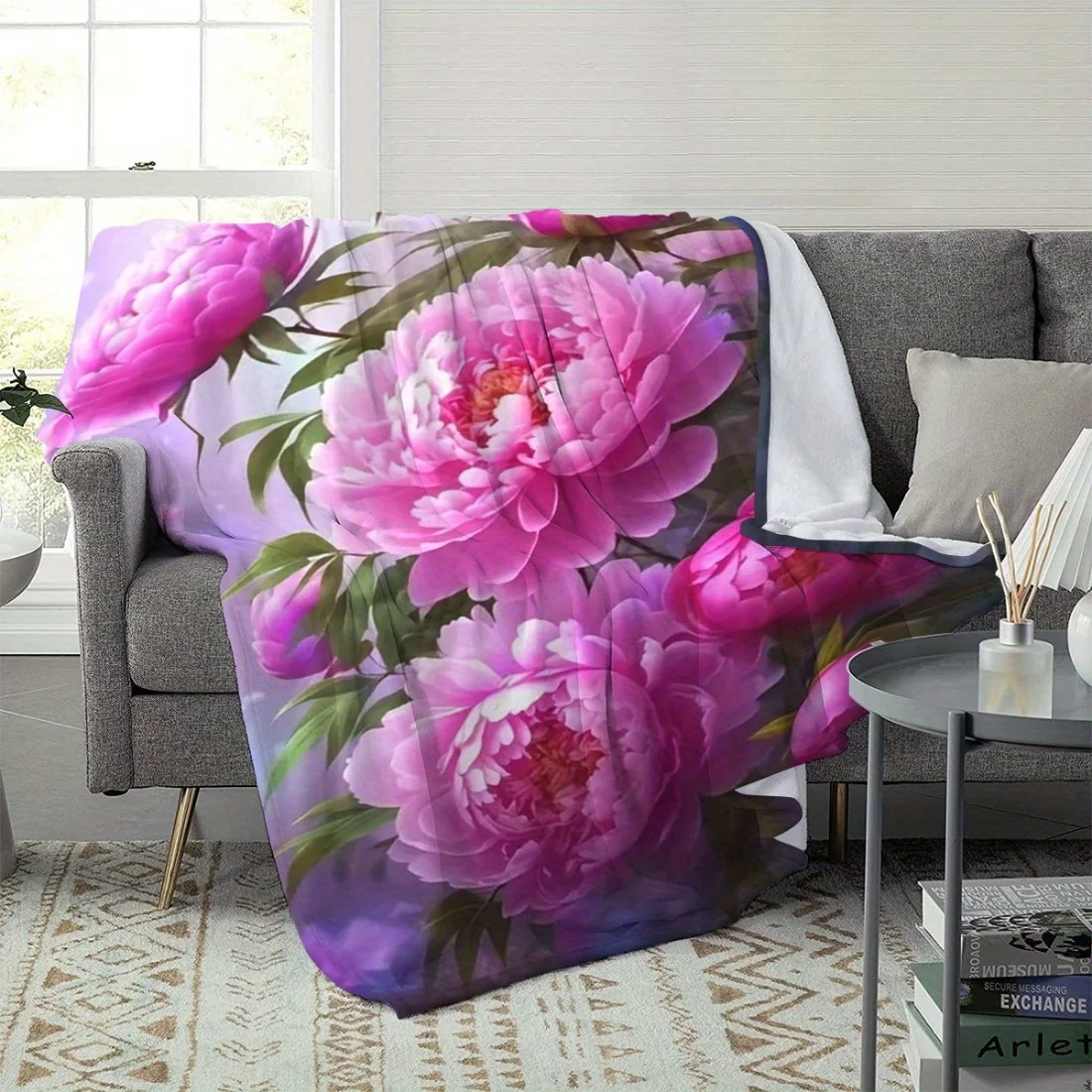 Lavender Gradient Background Vivid Pink Peony Green Leaf Flannel Throw Blanket, Soft Sofa Blanket,Elegant Floral Home Decor Gift