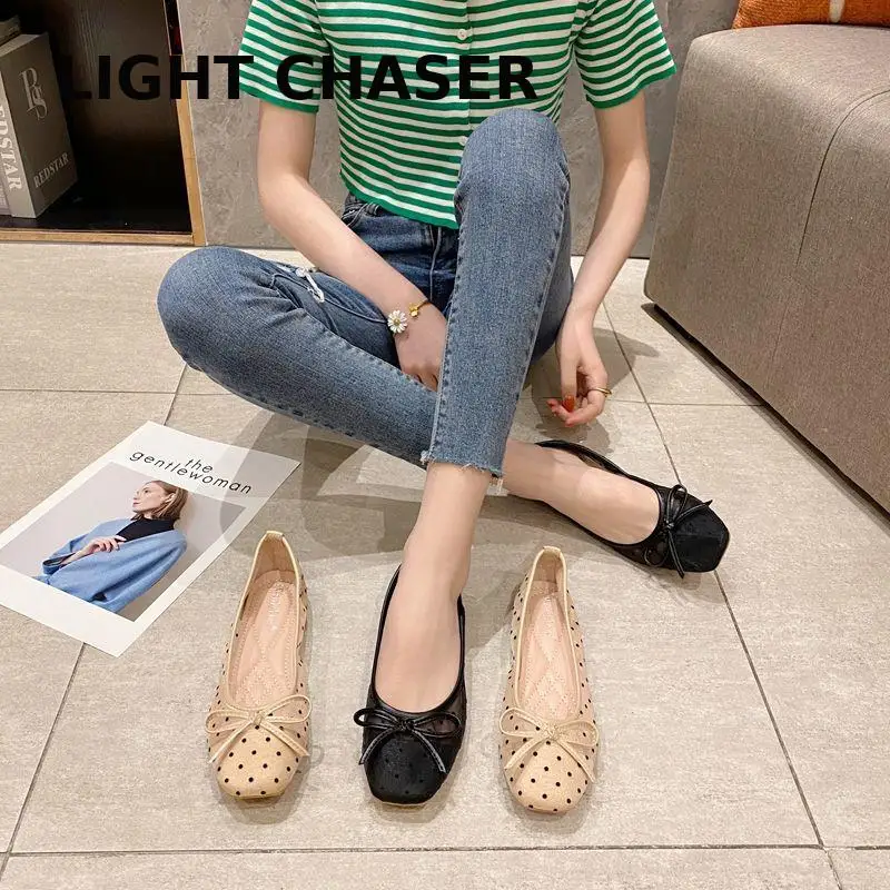 Square Toe Flat Shoes Women's Casual Loafers 2022 Spring And Summer New Polka Dot Breathable Mesh Bow Shallow Soft Sole Shoes