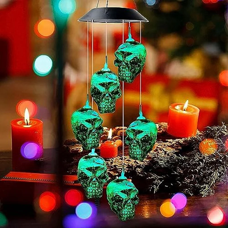 Halloween Skull Skeleton LED campanelli eolici solari per esterni per Halloween Outdoor portico Yard Garden facile installazione