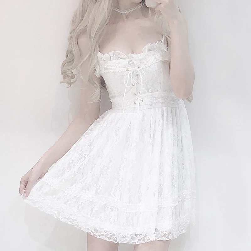 Vestido de verano Kawaii, nuevo vestido Lolita para mujer, coreano, fresco, dulce, bonito encaje, costura, cintura alta, vestido Sexy para chicas,