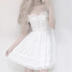 Vestido de verano Kawaii, nuevo vestido Lolita para mujer, coreano, fresco, dulce, bonito encaje, costura, cintura alta, vestido Sexy para chicas, vestidos blancos Loli