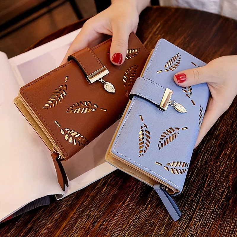 

PU Leather Hollow Leaf Wallet, Ladies Zipper Clutch with Card Holder & Phone Pocket, Multifunctional Wristlet for Women