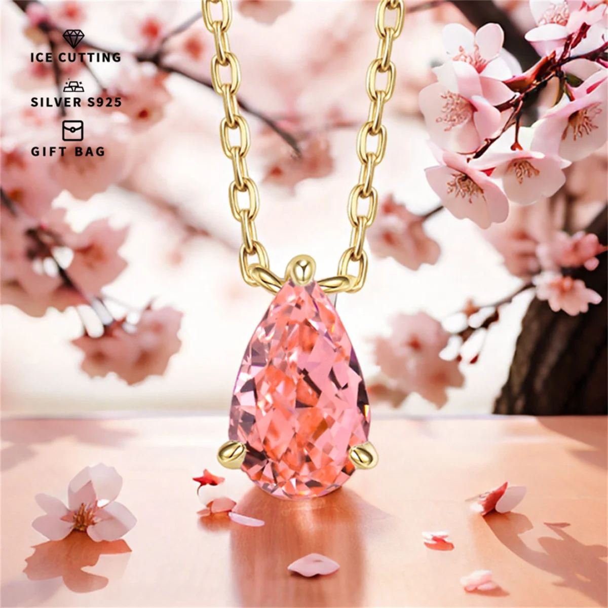 S925 silver plated platinum and golden High carbon ice cutting Padparadscha pear Zircon women's pendant necklace fine jewelry