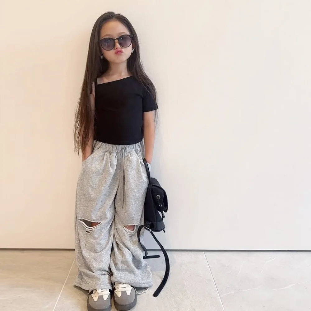Parent Child Outfit Japanese Spring/summer Boys' Loose Wide Leg Pants Girls' Drawstring Ripped Casual Korean Version Long Pants