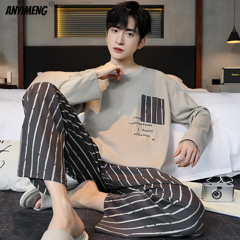 Autumn Winter New Pajamas for Men Round Collar Faux Cotton Long Sleeves Deep Blue Pijamas Man Chic Sleepwear Soft Homewear