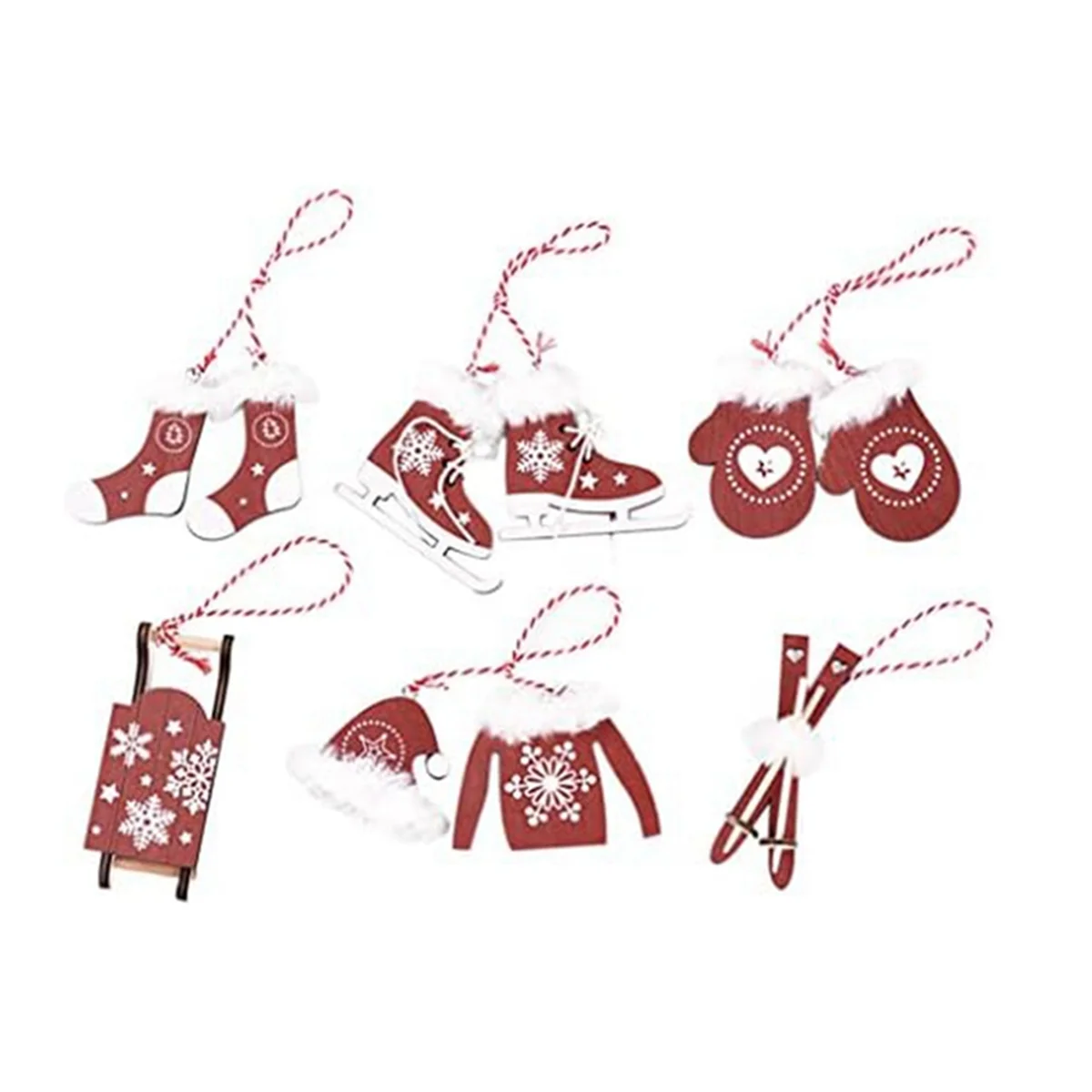 ABIYY-Christmas Tree Ornaments Mini Wooden Gloves Socks Clothes Hat Sled Ski Hanging Pendants Tags Holiday Decor Red