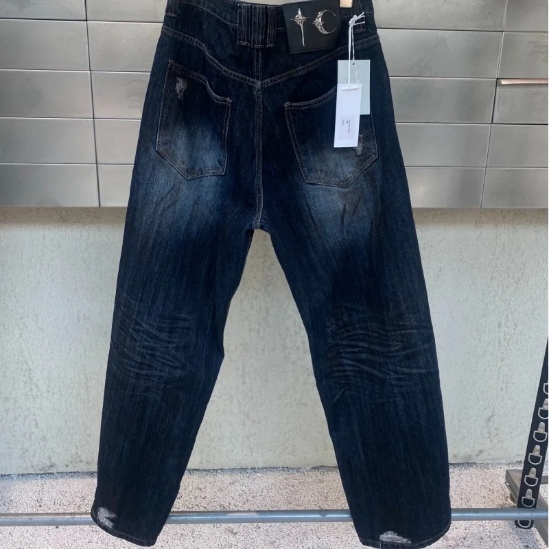 新しい THUG CLUB ジーンズ汚れで汚れた古い破れたレトロなルーズジーンズ男性女性ストレートパンツ