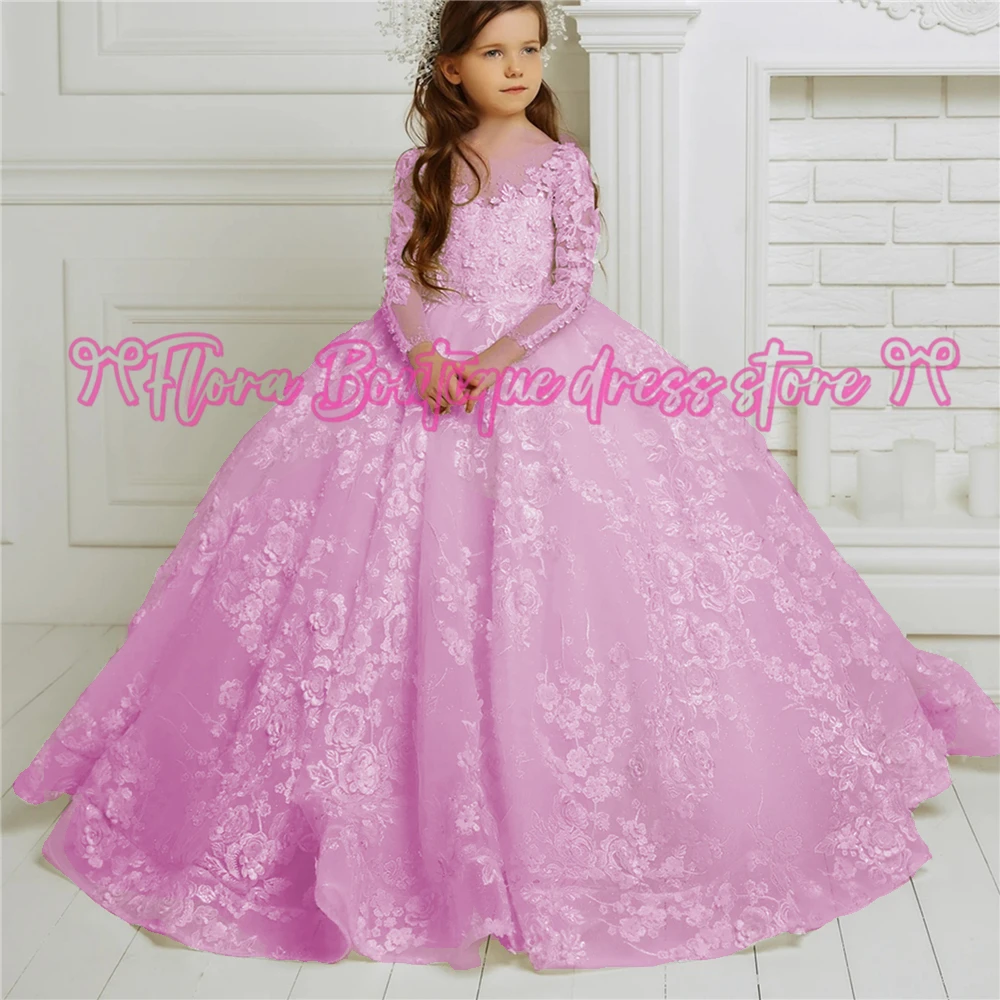 어린이를위한 리본이 달린 꽃의 소녀 드레스 긴 소매 결혼식 파티 공주 드레스 첫 성찬식 공식 쉬폰 볼 가운