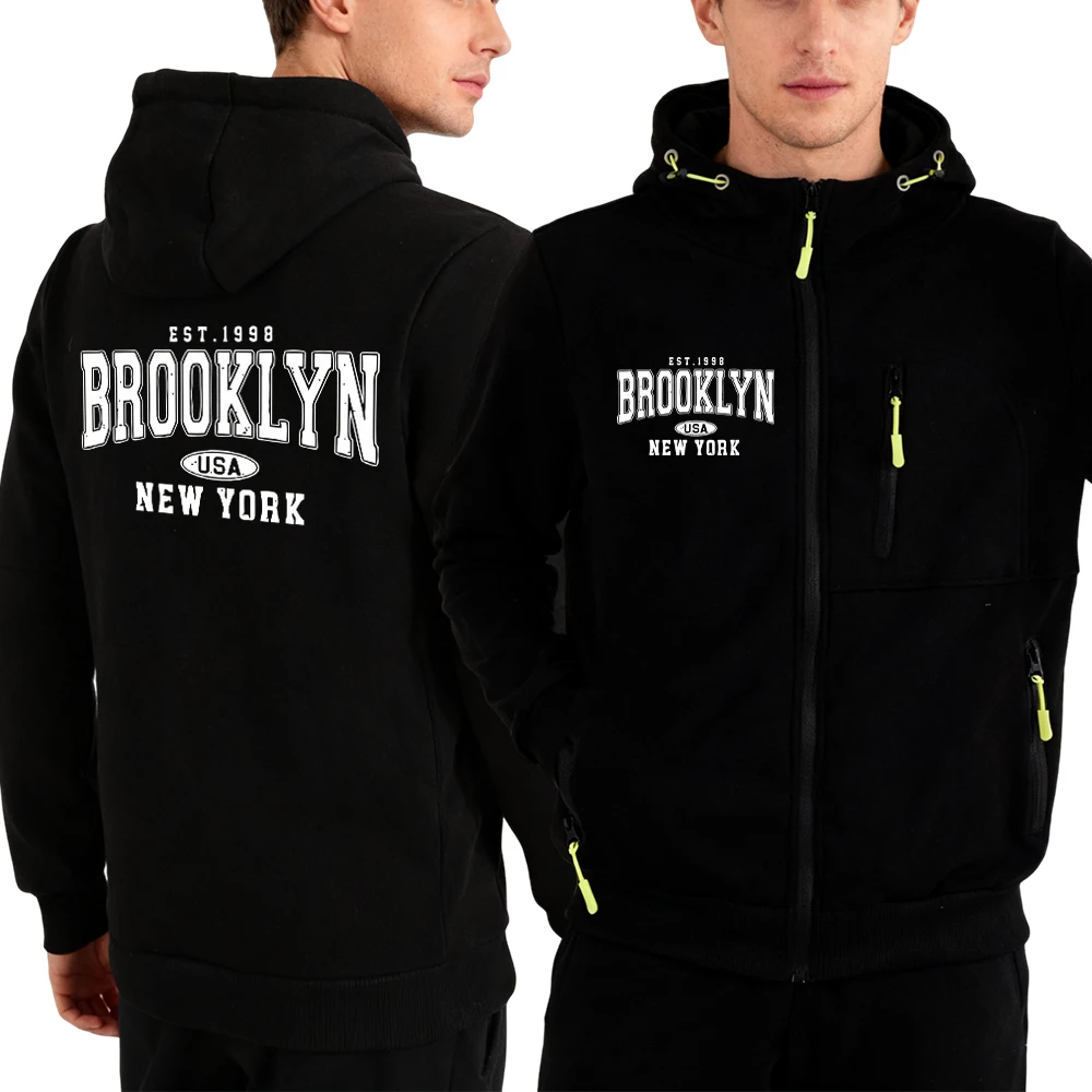 

Brooklyn New York Usa Толстовка на молнии с принтом Мужская универсальная флисовая спортивная одежда Повседневная осенняя удобная модная куртка на молнии с капюшоном