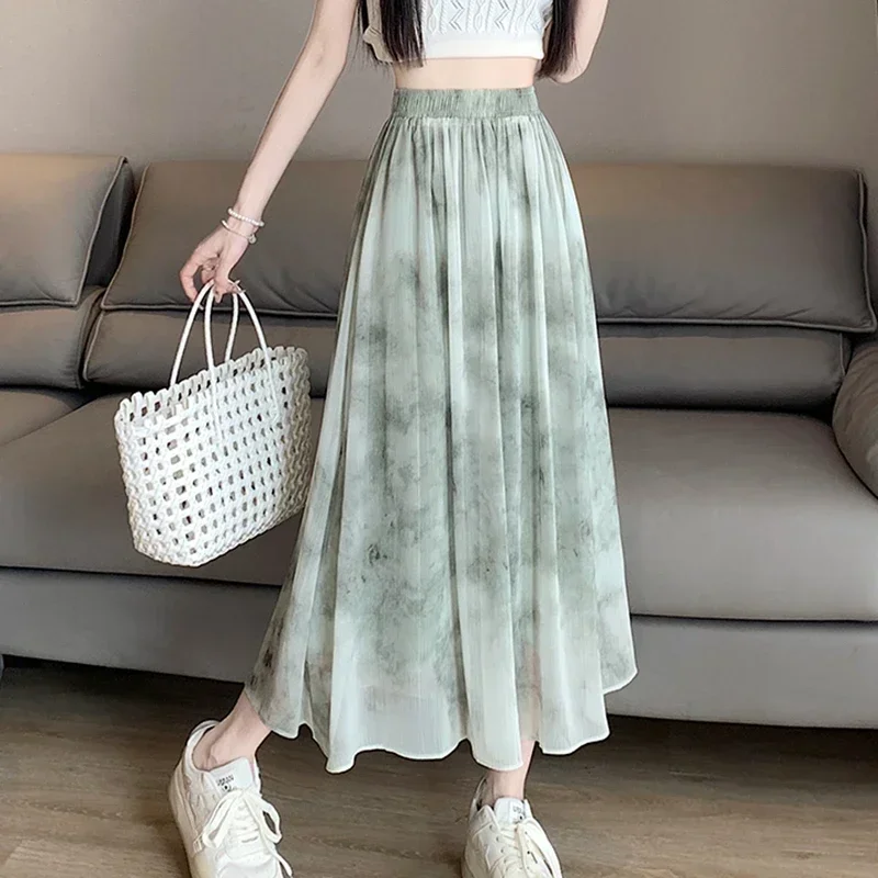 여름 쉬폰 라인 스커트 여성 2025 빈티지 한국 패션 Y2k 의류 높은 허리 Faldas 캐주얼 탄성 긴 Pleated 스커트