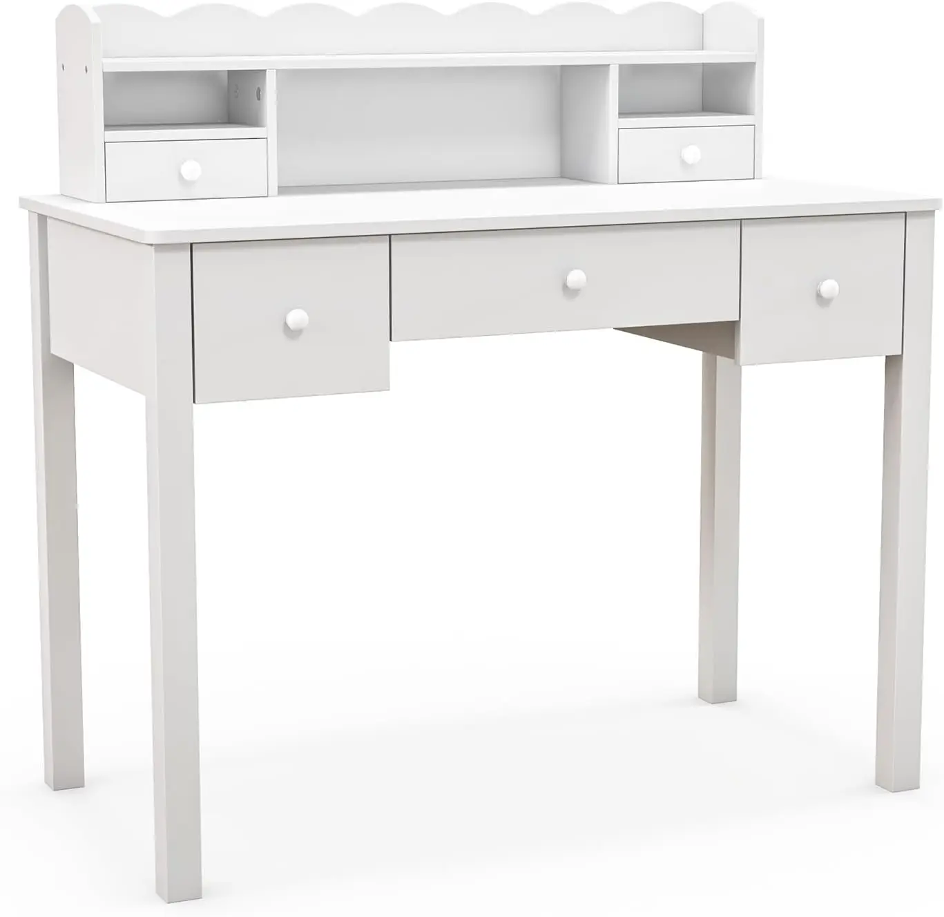 White Writing Desk with Hutch & 5 Drawers - 40 Inch Modern Computer Workstation for Home Office, Vanity Table