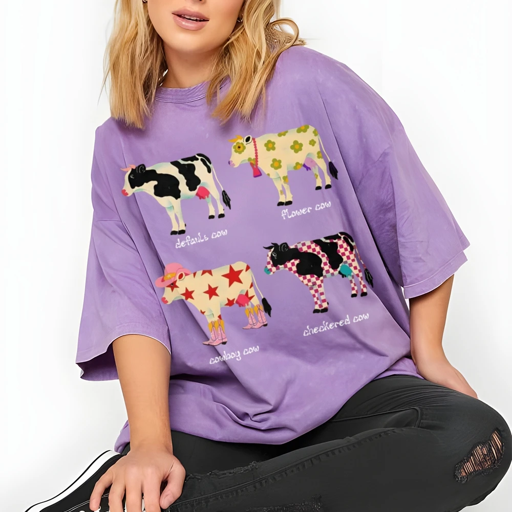 Cute Cartoon Cow Print T-Shirt Pure Cotton Washed Shoulder Round Neck Neutral Style Fashion Trend New High Quality Short Sleeves