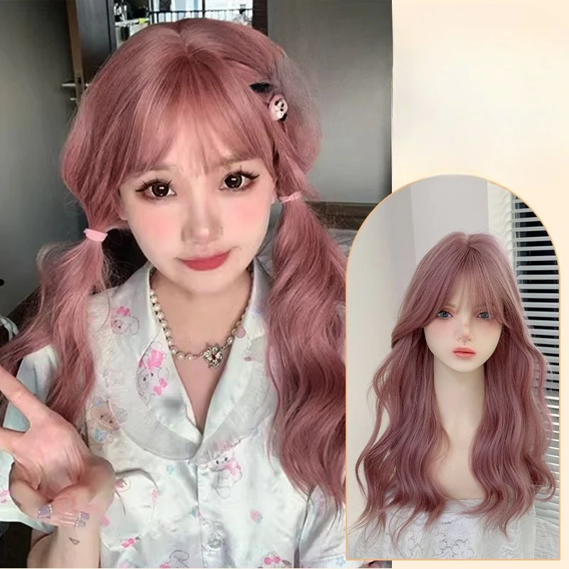 Wig Pink Wig Female Long Hair Curly Hair Lolita Cute Full Head Cover Big Wave Simulation Wig Cover