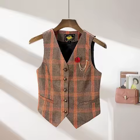 Korean 2024 New Women's Blazer High End Casual Vest Waistcoat Female Blue Grid Sleeveless Short Jacket