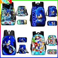 HOT 3PC-SET Sonic Backpack Primary and Middle School Students Schoolbag Boys Girls Anime Cartoon School Bag Mochila