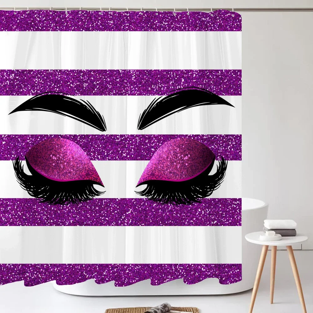 

Девчачий блестящий фиолетовый занавеска для душа для макияжа ресниц, набор занавесок для ванной, полиэстеровая занавеска для ванной комнаты, домашний декор с крючками