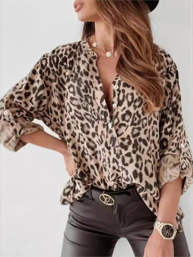 

Fashion Leopard Print Shirts For Women Spring Autumn Half-open Collar Long Sleeves Loose Tops Ladies Casual Streetwear Blouses
