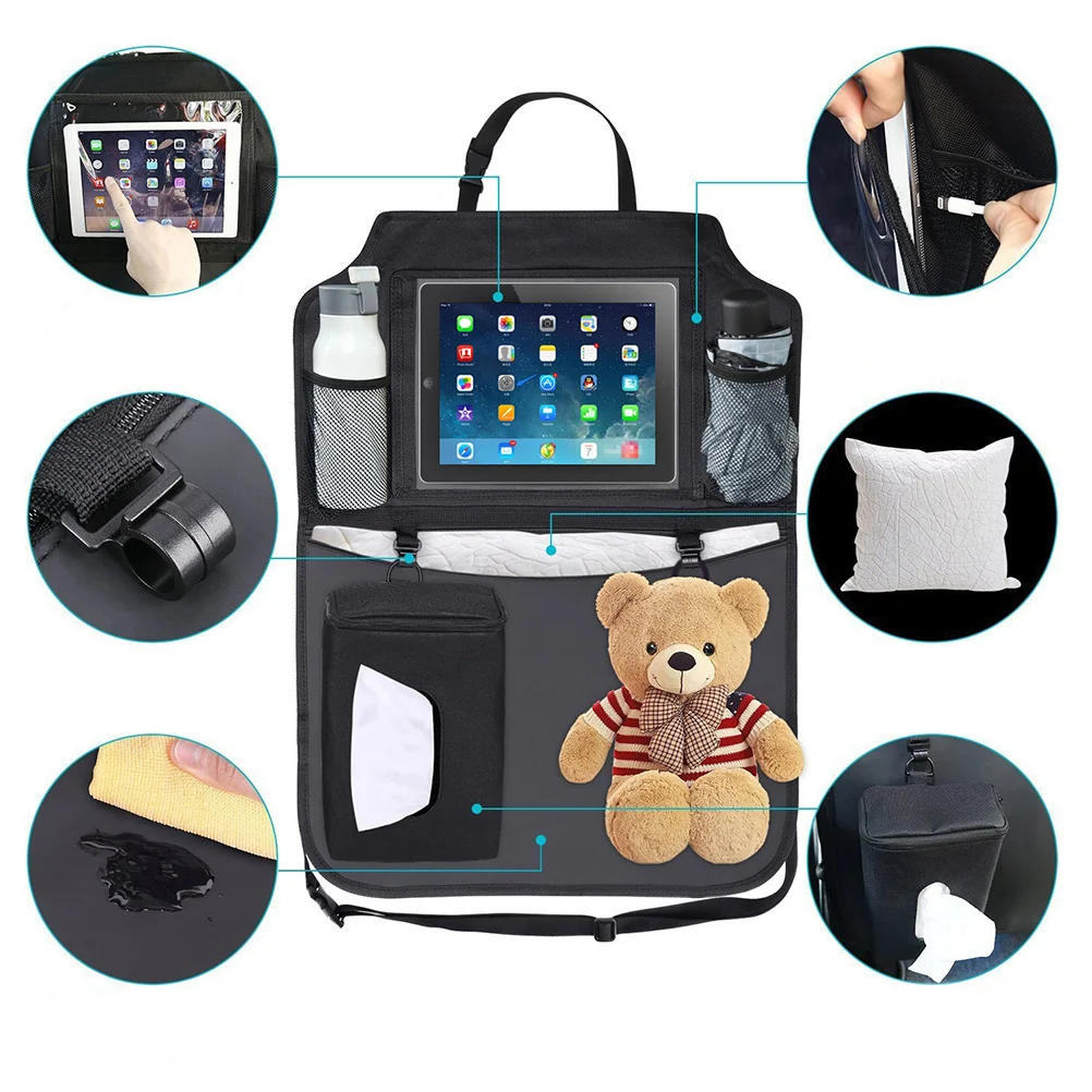 سجادات ركلة معلقة لحماية مقعد السيارة الخلفي وحقيبة تخزين مع صندوق مناديل وجيوب متعددة سوداء لزجاجات المشروبات