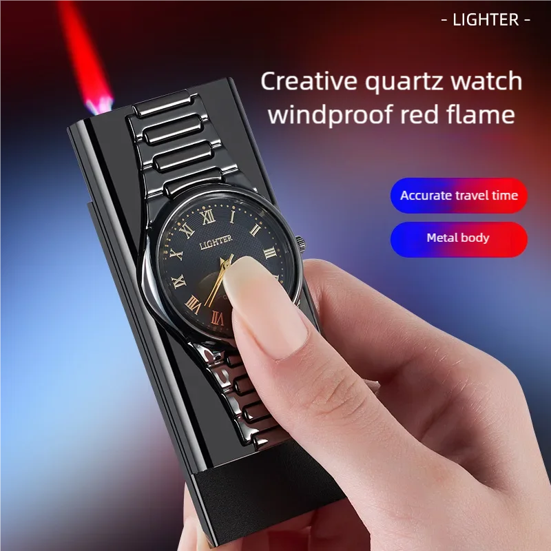 Push up the watch inflatable lighter, metal clock light luxury quartz watch lighter, dual-use couple gift lighter