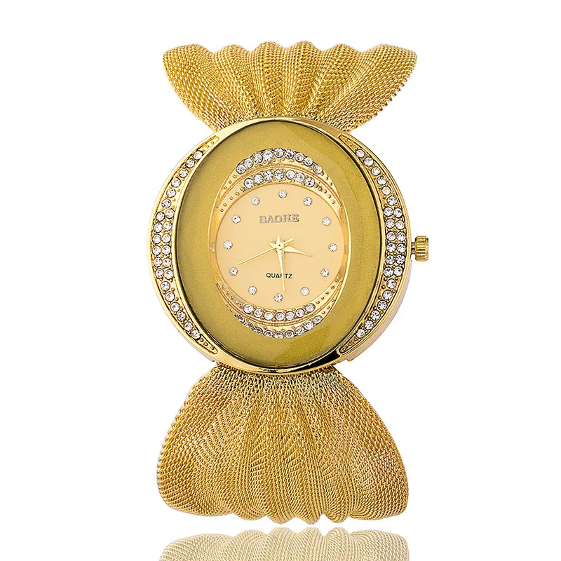 Reloj con correa de malla para mujer, pulsera ovalada de oro, reloj de cuarzo de aleación, reloj de banda ancha ovalado con diamantes de imitación para mujer