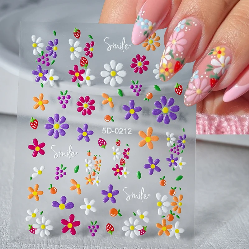 Bloem Cartoon Nail Art Stickers Zelfklevende Diy Schattige 5d Reliëfs Strik Konijn Patroon Manicure Schuifregelaar Decoratie Stickers