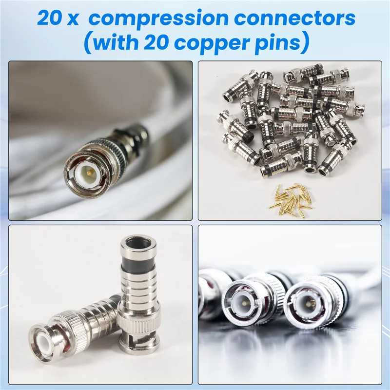 AT44-20 Pcs BNC Compression Connector 75 Ohm Coupler With Copper Pin For RG58-59 Crimper Video Plug Extension Coaxial Cable