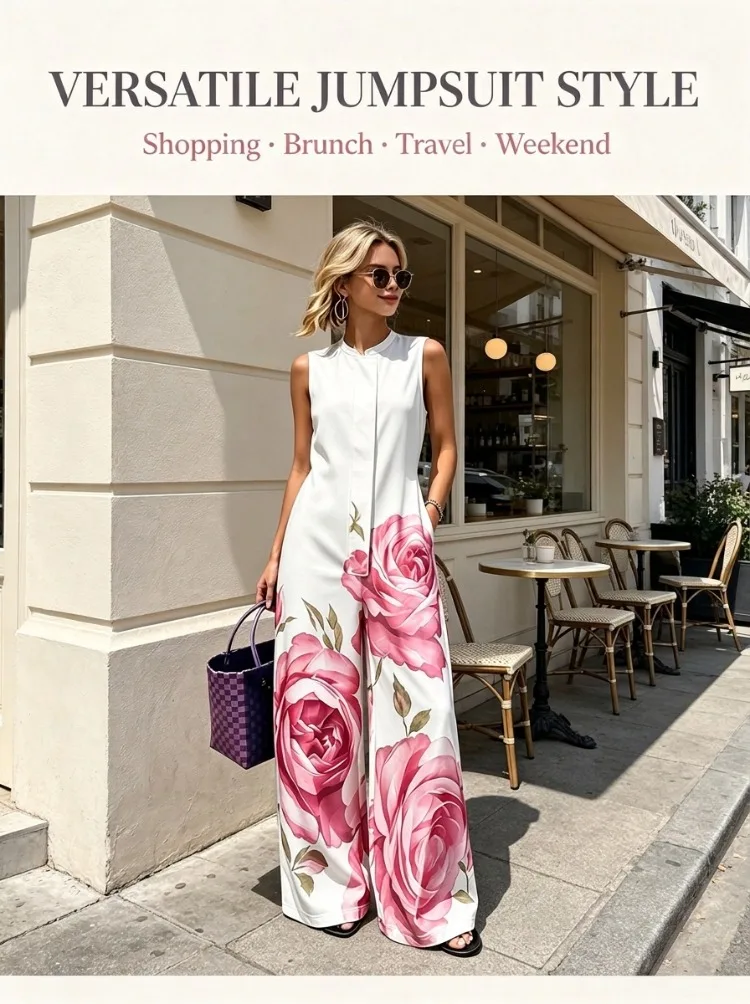 UOOZEE Women's Elegant Chic Big Rose Printed Sleeveless Jumpsuits 2026 New Loose Pockets High Waisted Wide Leg Casual Romper
