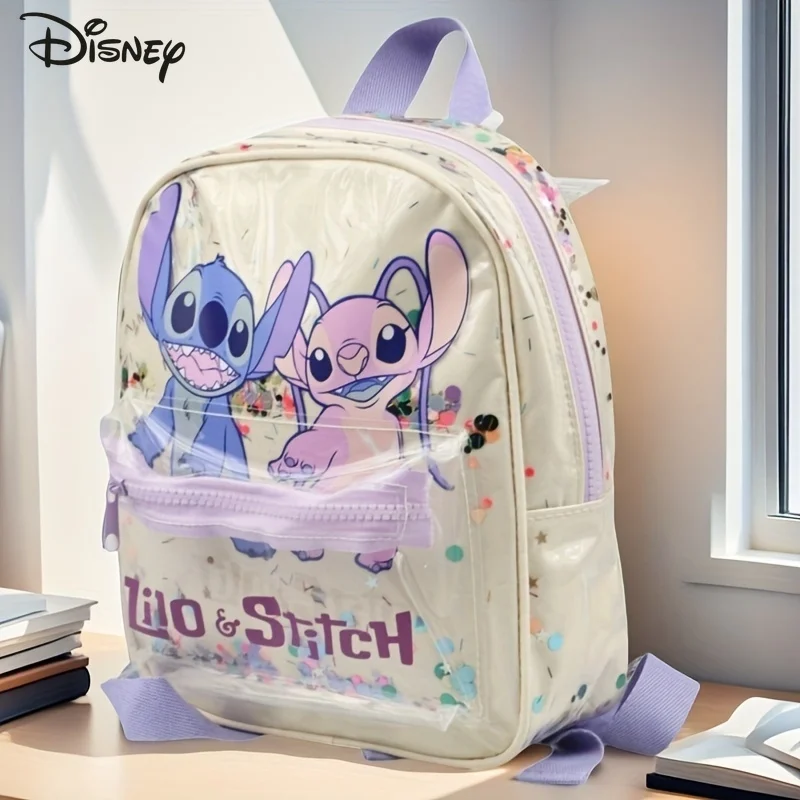 Disney Stitch Vintage Unisex Tote PVC Clear Sequin Backpack Zip Closure Adjustable Shoulder Strap Ideal for Work Travel Outdoor