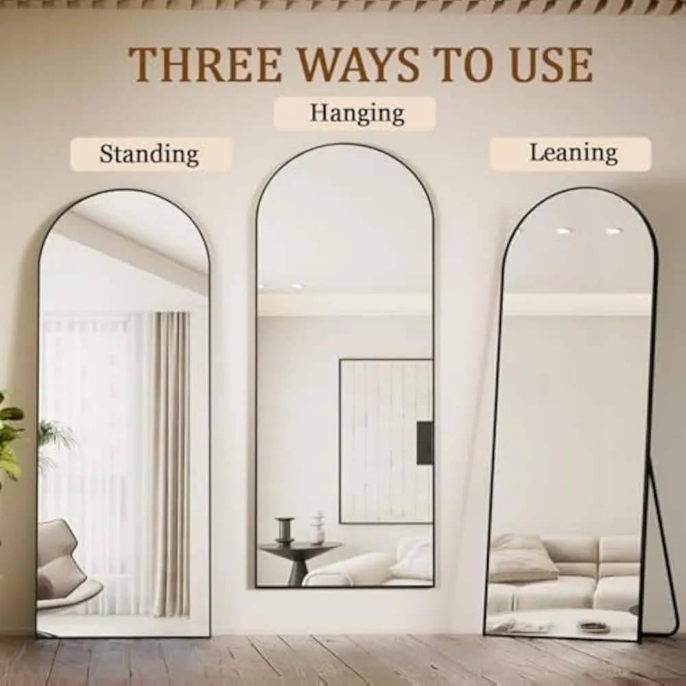 Arched Full Length Black Floor Mirror, 65x24 Standing Hanging or Leaning Aluminum Framed Body Mirror for Home Decor