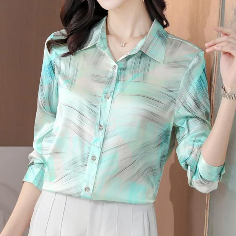 Polo-Neck Imitation Silk Satin Smooth Feel Shirts Spring Autumn Women\'s Clothing Office Lady Printing Patchwork Button Blouses