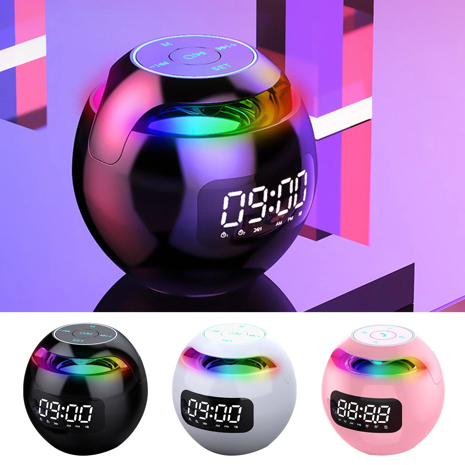 LED Digital Smart Alarm Clock Spherical Digital Clock 2000mAh LED Screen Desk Clocks Bluetooth 5.0 Speaker TF Card FM Radio