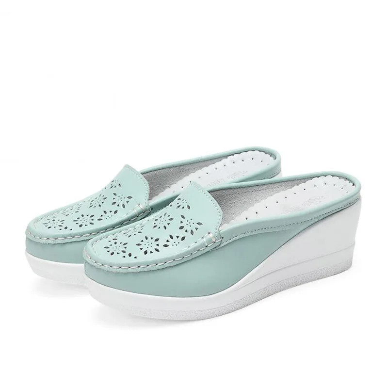 KNCOKAR Summer new style of women\'s fashion simple real leather outside wear thick bottom slope and baotou hollow slippers