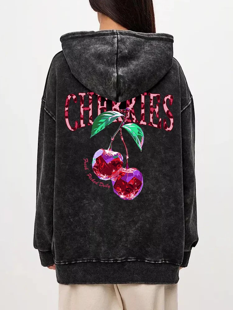 Fashion Womans Washed Hoodie Crystal Cherries Printed Streetwears Warm Cotton Oversize Pullovers Autumn Winter Couple Streetwear