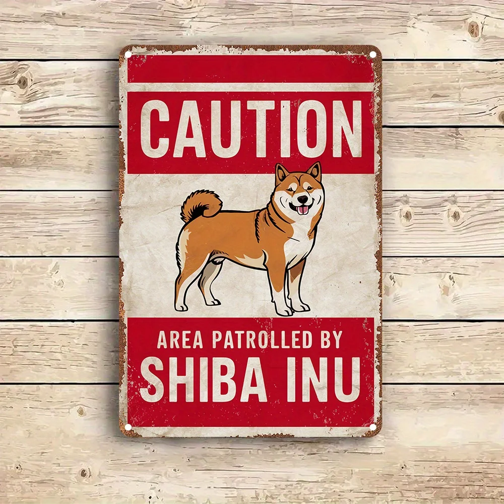 (Peinture sur métal 2D) Décoration de chambre, panneau en aluminium d'inspiration vintage, « Attention, zone surveillée par un Shiba Inu » - Impression haute définition, D
