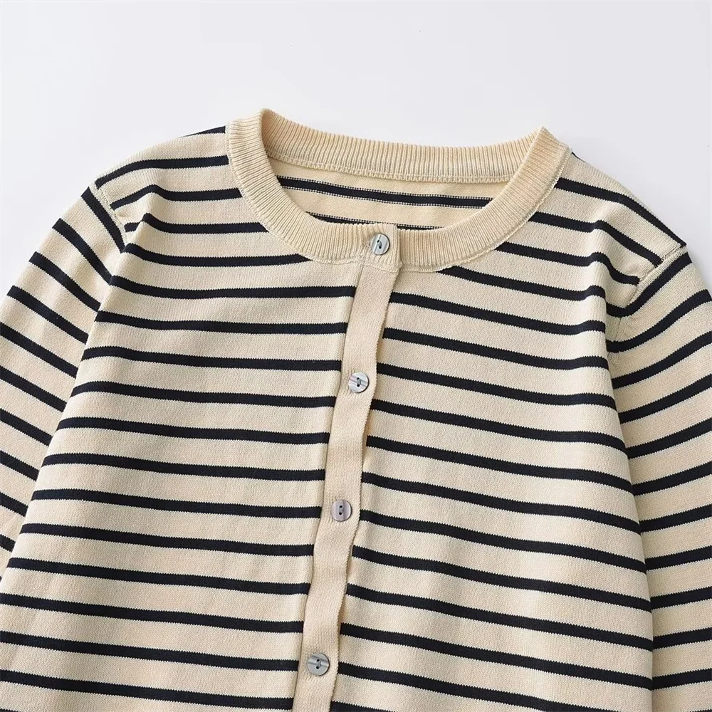 Zach Ailsa 2024 Summer New Product Women\'s Fashion Simple Round Neck Long sleeved Striped Fine Knitted Cardigan Sweater Coat