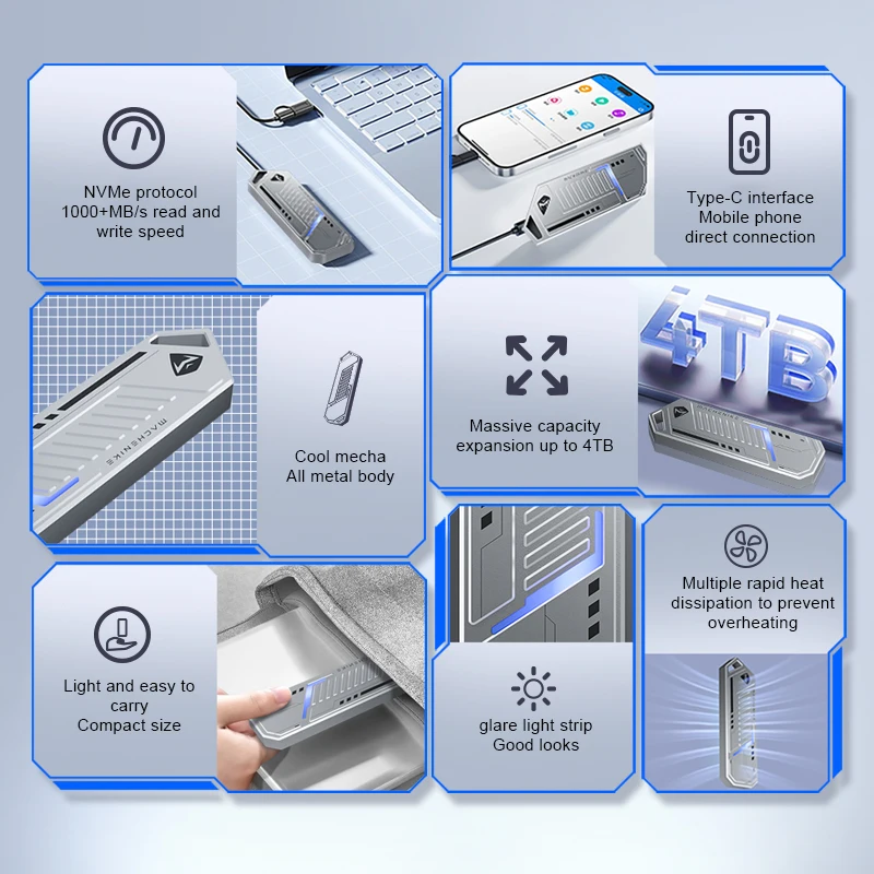 Machenike-STARS P1000 Portable SSD NVMe M.2 SSD USB 3.2 Gen2 USB C, Stockage Externe PCIE Solid State pour Mobile Morning PC Laptop